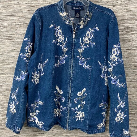 Denim & Co. Jackets & Blazers - Denim & Co. Embroidered Floral Zip-Up Blue Jean Long sleeve Jacket X-Large
